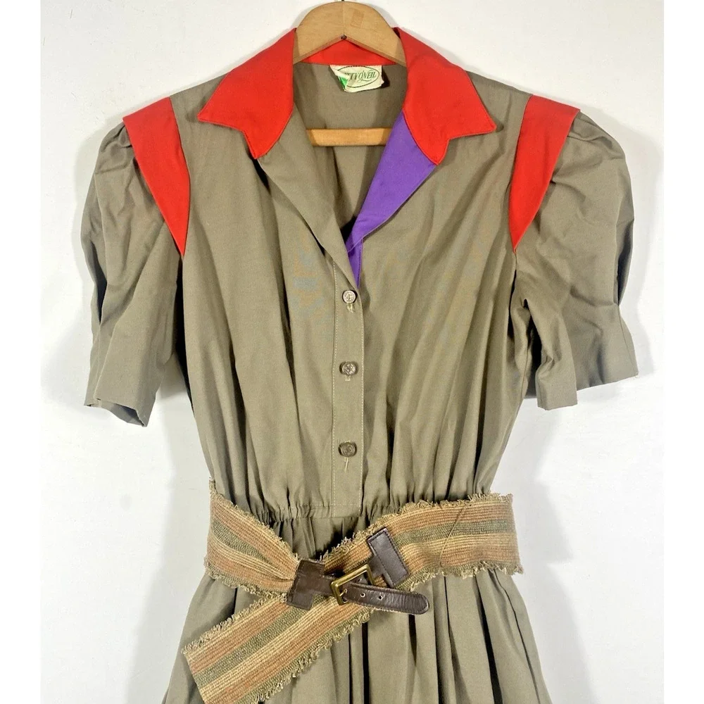 ILGWU Vintage Shirt Dress Patty O'Neil Belted Size 9/10 70s Western Cowgirl Boho - Picture 2 of 11